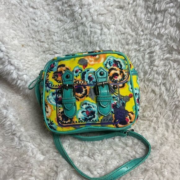 Anna Sui Mini Multi color fabric shoulder bag with coral green leather trim - Picture 3 of 11